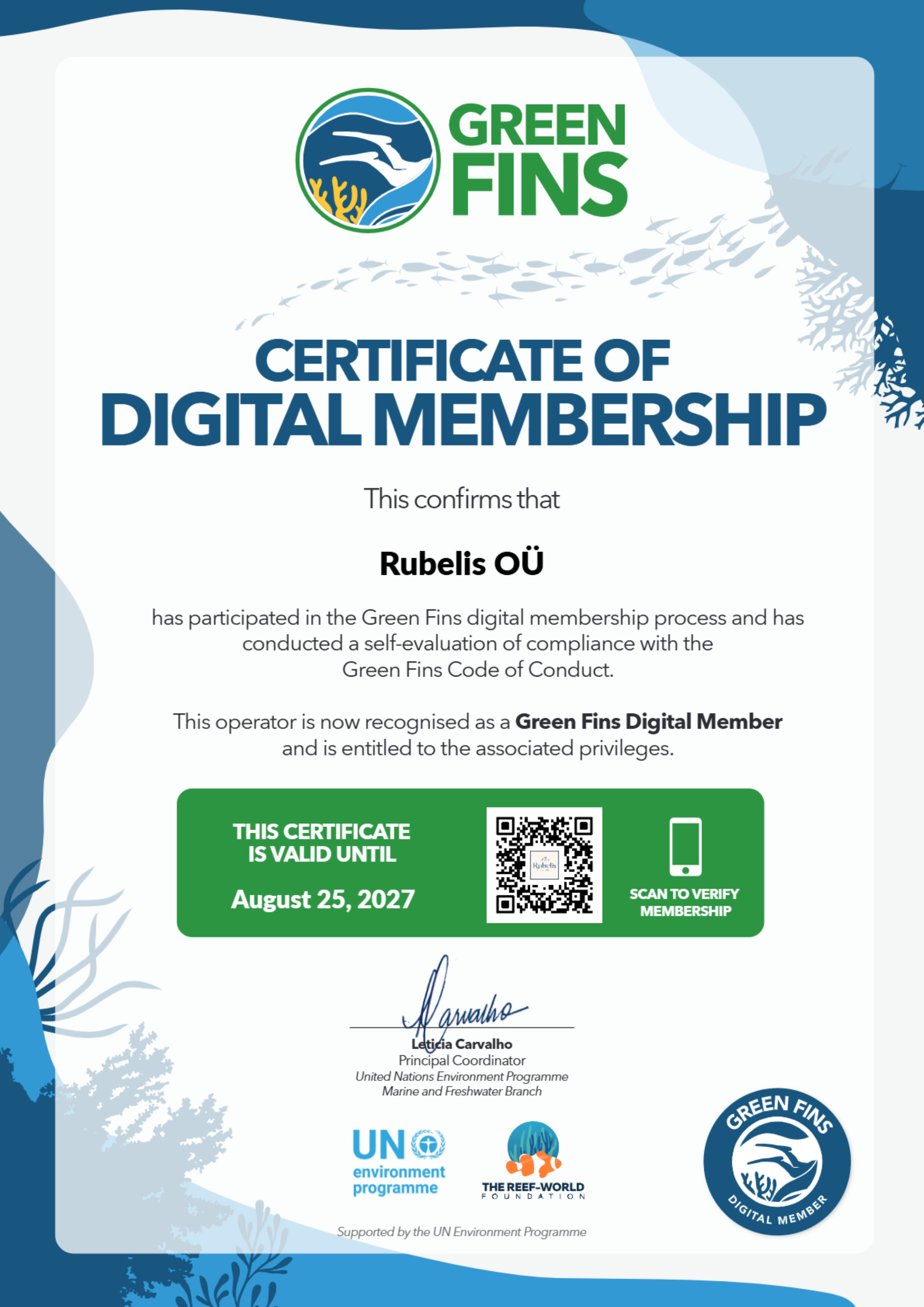 Green Fins Digital Membership Certificate — Rubelis OÜ, valid until 25 August 2027